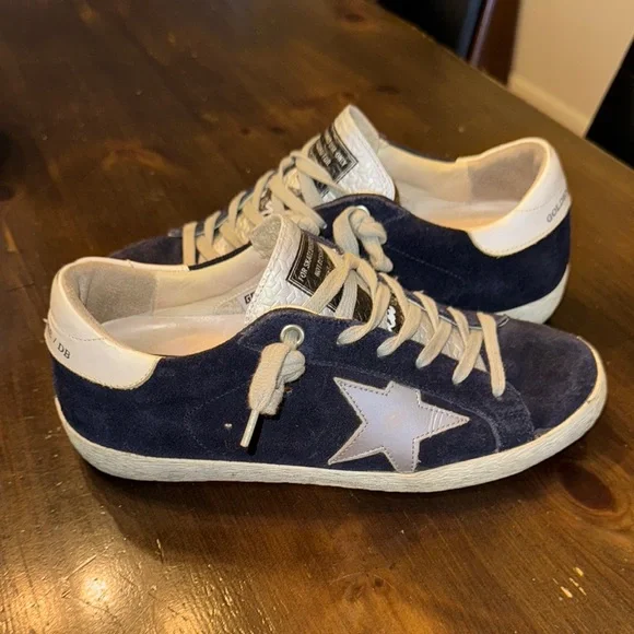 Golden Goose Navy Suede 36 EUC Blue Suede Sneakers with Silver Star White trim - Picture 2 of 9